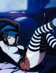  armpits black_hair blue_hat elbow_gloves gloves green_eyes hat looking_at_viewer marie_(persona_4) persona persona_4 persona_4_the_golden pleated_skirt shirt short_hair skirt sogabe_shuuji solo striped striped_gloves striped_legwear thighhighs white_shirt 