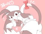  2018 anthro bent_over black_fur butt butt_focus cat clothed clothing feline fur gloves hat hi_res japanese japanese_text klonoa klonoa_(series) lagomorph long_ears looking_at_viewer male mammal multicolored_fur pilz_moos presenting presenting_hindquarters rabbit simple_background solo text white_fur 