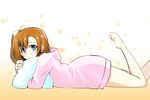  barefoot blue_eyes bow brown_hair from_side hair_bow kousaka_honoka long_hair looking_at_viewer love_live! love_live!_school_idol_project lying nanotsuki on_stomach one_side_up pillow pillow_hug smile solo the_pose yellow_bow 