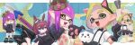  1boy 2girls animal_ear_hairband animal_ears animal_hands black_bow black_bowtie black_gloves black_jacket black_shoes black_shorts blonde_hair bow bowtie cat_ear_hairband cat_ears chibi chibi_inset collared_shirt commentary commission crossover crown dress_shirt fake_animal_ears fangs gloves green_eyes hairband highres holding holding_weapon inkling inkling_boy inkling_girl inkling_player_character jacket long_hair long_sleeves looking_at_viewer medium_hair mihono_bourbon_(umamusume) mini_person minigirl multiple_girls open_mouth order_shot_(splatoon) parted_bangs paw_gloves paw_shoes pointy_ears ponytail puchiman purple_hair shirt shoes short_sleeves shorts smile snipewriter_(splatoon) splatoon_(series) suspender_shorts suspenders symbol-only_commentary tentacle_hair tilted_headwear umamusume watermark watermark_grid weapon white_shirt white_shoes yellow_eyes 