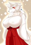  2016 anthro big_breasts black_nose blush breasts canine clothed clothing female fox fur hair hi_res huge_breasts japanese japanese_clothing kimono long_hair looking_at_viewer mammal megane_inu open_mouth red_eyes solo standing white_fur white_hair 