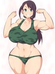  1girl breasts cleavage curvy green_eyes grin huge_breasts long_hair looking_at_viewer muscle navel ponytail purple_hair smile solo ushi wide_hips 