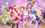  alternate_costume blue_hair boots check_commentary choker commentary commentary_request elbow_gloves gloves green_hair hammer highres janna_windforce jinx_(league_of_legends) league_of_legends lulu_(league_of_legends) luxanna_crownguard magical_girl multiple_girls navel official_art pink_hair poppy purple_choker purple_hair red_hair staff star_guardian_janna star_guardian_jinx star_guardian_lulu star_guardian_lux star_guardian_poppy sunupones thighhighs twintails v wand 