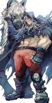  1boy abs absurdres animal arm_up belt belt_buckle black_belt black_cloak black_horse boots buckle clenched_hand cloak closed_mouth commentary commentary_request fingernails frown full_body grey_hair highres hood hood_up hooded_cloak horse long_hair looking_at_viewer m._bison male_focus muscular muscular_male pants plasmaraiden red_pants standing street_fighter street_fighter_6 topless_male torn_clothes white_background white_eyes 
