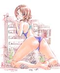  2016 all_fours artist_name ass barefoot blue_eyes brown_hair building competition_swimsuit destruction from_behind giantess ground_vehicle love_live! love_live!_sunshine!! motor_vehicle one-piece_swimsuit power_lines short_hair solo swimsuit torajimaneko van watanabe_you 