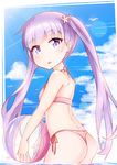  ass ball bare_shoulders beachball bikini checkered day hair_ornament highres holding long_hair looking_at_viewer looking_back new_game! open_eyes open_mouth purple_eyes purple_hair solo suzukaze_aoba swimsuit sylphine thong_bikini twintails 