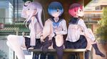  bag bench black_legwear black_skirt blue_bow blue_eyes blue_hair blush bow bra building cat contemporary edogawakid emilia_(re:zero) grey_hair hair_ornament hair_over_one_eye highres long_hair multiple_girls no_shoes pink_eyes pink_hair puck_(re:zero) purple_eyes rain ram_(re:zero) re:zero_kara_hajimeru_isekai_seikatsu rem_(re:zero) school_uniform see-through serafuku short_hair siblings sisters sitting skirt twins underwear wet wet_clothes white_legwear 