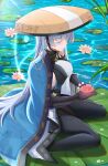  1girl absurdres asymmetrical_clothes bead_bracelet beads black_pants blue_coat blush bracelet breasts chinese_commentary closed_mouth coat daguaishougemola day flower from_above from_side full_body goddess_of_victory:_nikke grey_hair hat highres jewelry jingasa light_smile lily_pad long_hair medium_breasts mole mole_on_breast mole_under_eye nayuta_(nikke) open_clothes open_coat outdoors pants sideboob sitting smile solo thick_eyelashes wariza water water_lily_flower 
