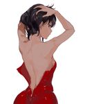  absurdres backless_dress backless_outfit bare_back black_hair brown_eyes dress highres holding holding_hair konbu_wakame looking_back nape original red_dress short_dress solo unzipped white_background 