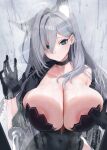  1girl against_glass alternate_breast_size_(larger) animal_ear_fluff animal_ears black_choker black_gloves black_jacket blue_archive blue_eyes breast_press breasts breasts_on_glass bright_pupils choker cleavage closed_mouth commentary_request covered_navel cropped_jacket cross cross_hair_ornament dress extra_ears gloves grey_hair hair_between_eyes hair_intakes hair_ornament highres huge_breasts inverted_cross jacket long_hair looking_at_viewer shiroko_(blue_archive) shiroko_terror_(blue_archive) skindentation solo strapless strapless_dress very_long_hair wet white_pupils wolf_ears wolf_girl xiujia_yihuizi 