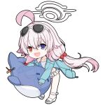  1girl ahoge bikini blue_archive blue_eyes chibi eyewear_on_head fang frilled_bikini frills hair_bobbles hair_ornament halo hoshino_(blue_archive) hoshino_(swimsuit)_(blue_archive) inflatable_toy inflatable_whale long_hair looking_at_viewer low_twintails official_alternate_costume one-take open_mouth pink_hair pink_halo smile solo sunglasses swimsuit twintails white-framed_eyewear white_bikini 