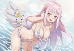  1girl ai-generated angel_wings bikini blue_archive breasts cleavage collarbone feathered_wings frilled_bikini frilled_bikini_bottom frilled_bikini_top frills hand_on_own_thigh large_breasts long_hair looking_at_viewer low_wings mika_(blue_archive) mika_(swimsuit)_(blue_archive) navel official_alternate_costume official_alternate_hairstyle okasa_re_taii pink_hair solo stomach swimsuit very_long_hair wet wings yellow_eyes 