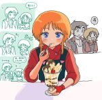  1boy 1girl banana black_vest blue_eyes blush brown_hair cherry chocolate_syrup eating elpeo_puru fingerless_gloves food fruit gloves gundam gundam_zz highres holding holding_spoon ice_cream ice_cream_cone jacket judau_ashta long_sleeves looking_at_viewer multiple_views nainainannimo orange_hair pov red_gloves red_jacket red_romper romper short_hair single_glove sitting soft_serve solo_focus speech_bubble spoon sundae translation_request utensil_in_mouth vest 