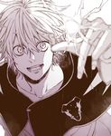  black_clover electricity greyscale looking_at_viewer luck_voltia male_focus monochrome open_mouth pointing raurii solo 