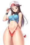  1girl blue_(pokemon) breasts brown_eyes brown_hair creatures_(company) curvy female game_freak hat long_hair looking_at_viewer medium_breasts nagase_haruhito navel nintendo poke_ball pokemon pokemon_(game) pokemon_frlg porkpie_hat shiny shiny_hair shiny_skin simple_background smile solo stomach super_smash_bros. super_smash_bros._ultimate thick_thighs thighs thong underwear white_background 