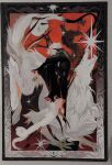  1boy black_jacket border classicaloid claws closed_mouth commentary floating full_body highres horns jacket long_sleeves ludwig_van_beethoven_(classicaloid) male_focus monsterification octahooves ornate_border pale_skin photo_(medium) short_hair solo symbol-only_commentary traditional_media wolf 