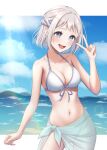  1girl absurdres bikini blue_eyes blue_sky braid breasts cleavage cloud day front-tie_bikini_top front-tie_top gakuen_idolmaster grey_hair hair_ribbon half_up_braid highres idolmaster katsuragi_lilja medium_breasts miyuki_kotori mountainous_horizon outdoors ribbon ribbon_braid sarong short_hair sky solo swimsuit v water white_bikini white_sarong 