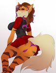  anthro arcanine big_breasts breasts butt camel_toe clothing fangs female kittentits looking_at_viewer nintendo pok&eacute;mon smile solo stripes teeth tight_clothing video_games 
