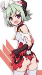  absurdres ahoge ass azure_striker_gunvolt azure_striker_gunvolt_2 bare_shoulders blush from_behind green_hair headgear highres kuro_mushi looking_back open_mouth purple_eyes roro_(gunvolt) shadow short_hair solo thighhighs white_background white_legwear 