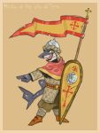 anthro armor belt boots clothing cross fish fish_tail flag footwear gesture hand_gesture headgear helmet hi_res male marine mawkvlt medieval medieval_armor medieval_clothing medieval_fantasy open_mouth pointing shield shoes solo tail teeth teeth_showing text tongue