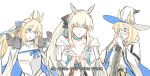  3girls aesc_(fate) aesc_(rain_witch)_(fate) aesc_(savior)_(fate) animal_ears black_bow black_gloves blonde_hair blowing_kiss blue_choker blue_eyes blush bow braid choker closed_eyes fate/grand_order fate_(series) fur_trim glasses gloves hair_between_eyes hair_bow half_up_braid hat horse_ears horse_girl kemonomimi_mode long_hair long_sleeves morgan_le_fay_(fate) morgan_le_fay_(second_ascension)_(fate) multiple_girls multiple_persona ponytail rabbit_ears simple_background single_braid umamusume umapyoi_densetsu white_background white_hair witch_hat xs0z05wxzb52697 