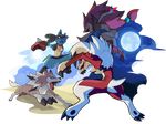  claws commentary fighting gen_4_pokemon gen_5_pokemon gen_7_pokemon lucario lycanroc md5_mismatch mega_lucario moon nganlamsong no_humans pokemon pokemon_(creature) resized sun transformation upscaled zoroark 