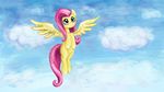  blue_eyes equine eyelashes feathered_wings feathers female feral fluttershy_(mlp) flying friendship_is_magic fur hair hooves mammal my_little_pony nude pegasus pink_hair shaadorian sky wings yellow_feathers yellow_fur 