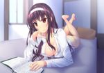  ass barefoot bed blush book bottomless breasts cleavage foreshortening hairband hand_on_own_chin kasumigaoka_utaha large_breasts long_hair lying naked_shirt on_bed on_stomach open_book purple_hair reading red_eyes saenai_heroine_no_sodatekata shirt smile solo symfo 