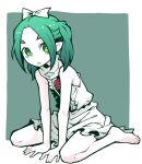  1girl akableak barefoot bow green_eyes green_hair hair_bow monogatari_(series) ononoki_yotsugi sitting sleeveless solo twintails white_bow 