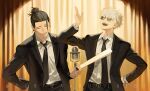  2boys :d black_coat black_hair black_necktie black_suit blackbox_(blackbox9158) blue_eyes closed_eyes coat collared_shirt cowboy_shot curtains earrings getou_suguru gojou_satoru grin hair_bun hair_slicked_back hand_fan hand_on_own_hip hand_up holding holding_fan jewelry jujutsu_kaisen laughing looking_at_viewer loose_hair_strand male_focus microphone_stand multiple_boys necktie shirt short_hair smile spotlight stud_earrings suit sunglasses theater white_hair white_shirt 