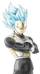  absurdres armor blue_eyes blue_hair cowboy_shot crossed_arms dragon_ball dragon_ball_z dragon_ball_z_fukkatsu_no_f gloves greymon_(nodoame1215) highres male_focus muscle scowl serious solo spiked_hair super_saiyan super_saiyan_blue vegeta white_gloves widow's_peak 