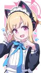  1girl :d absurdres animal_ear_headphones animal_ears apron black_dress blonde_hair blue_archive blue_ribbon blunt_bangs blush border bow cat_ear_headphones cat_ears commentary curled_fingers dress fake_animal_ears hair_bow hair_ornament halo hands_up headphones highres long_sleeves looking_at_viewer maid maid_headdress momoi_(blue_archive) momoi_(maid)_(blue_archive) neck_ribbon ninji665102 outside_border paw_print paw_print_background pink_background pink_bow pink_eyes pink_halo ribbon short_twintails smile solo twintails upper_body white_apron white_border white_headdress 