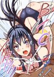  1girl ass back black_hair blush breasts censored competition_swimsuit cum ejaculation hetero huge_breasts kaminashi_nozomi keijo!!!!!!!! long_hair looking_at_viewer mosaic_censoring nekoi_hikaru nipple_slip nipples one-piece_swimsuit one_eye_closed paizuri penis pov purple_eyes solo_focus swimsuit teeth translated 