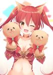  ;d aibumi animal_ears bare_shoulders breasts brown_eyes cerberus_(shingeki_no_bahamut) cleavage granblue_fantasy hand_puppet highres long_hair looking_at_viewer medium_breasts midriff navel one_eye_closed open_mouth puppet red_hair shadowverse shingeki_no_bahamut smile solo twintails 