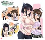  adjusting_eyewear ahoge alternate_costume bespectacled black_hair blue_eyes braid breasts camera cleavage cleavage_cutout closed_eyes commentary_request denim dress fusou_(kantai_collection) glasses hair_flaps hair_ornament holding holding_camera jeans kantai_collection large_breasts long_hair meme_attire multiple_girls open-chest_sweater pants pleated_skirt red_eyes remodel_(kantai_collection) semi-rimless_eyewear shigure_(kantai_collection) short_hair single_braid skirt sumeragi_hamao sweatdrop sweater sweater_dress translated yamashiro_(kantai_collection) 