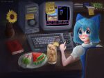  1girl :3 absurdres at_computer bendy_straw blue_bow blue_dress blue_eyes blue_hair blush book bow cirno cirno_day closed_mouth commentary computer computer_keyboard computer_tower crt cup dango dress drinking_straw english_commentary flower fm_towns food fruit graphics_card hair_bow highres holding holding_cup iced_tea konya_kuuyuki lemon lemon_slice looking_at_viewer looking_back plate playing_games puffy_short_sleeves puffy_sleeves self-upload short_hair short_sleeves skirt smile solo sticky_note touhou vase wagashi watermelon watermelon_slice wizardry yellow_flower 