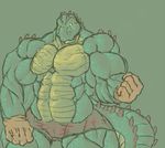  2014 5_fingers alligator biceps big_biceps clothed clothing crocodilian digital_drawing_(artwork) digital_media_(artwork) fist front_view gloves glowing glowing_eyes green_background green_scales green_theme humanoid_hands looking_at_viewer male manly multicolored_scales muscular muscular_male obliques pecs portrait pose quads red_clothing red_eyes reptile scales scalie schwartzgeist serratus shorts simple_background smile snout solo standing three-quarter_portrait topless triceps two_tone_scales yellow_scales yellow_sclera 