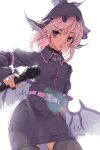  1girl alternate_costume animal_ear_piercing animal_ears belt bird_ears bird_wings black_choker black_dress black_thighhighs choker choujuu_gigaku closed_mouth cowboy_shot dress holding holding_microphone juliet_sleeves long_sleeves looking_at_viewer microphone mystia_lorelei puffy_sleeves purple_eyes simple_background solo stank thighhighs touhou white_background white_wings winged_hat wings 