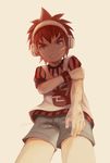  bandaid bandaid_on_face blue_eyes bruise clenched_teeth cowboy_shot daimon_masaru_(danganronpa) danganronpa from_below headphones injury male_focus noeyebrow_(mauve) red_hair shorts simple_background solo teeth zettai_zetsubou_shoujo 