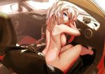 absurdres back bangs belt blue_eyes breast_press breasts car car_interior chair closed_mouth commentary_request eyelashes from_behind ground_vehicle head_rest highres kantai_collection kashima_(kantai_collection) large_breasts long_hair looking_at_viewer motor_vehicle nude right-hand_drive seatbelt shade sideboob sitting smile solo steering_wheel swept_bangs toyota toyota_86 twintails wavy_hair white_hair wisespeak 