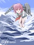  artist_name blue_sky day emuwai kantai_collection leaning_forward machinery neckerchief ocean outdoors pink_hair red_eyes sailor_collar school_uniform serafuku shirt short_hair short_sleeves shorts sky smile solo splashing tama_(kantai_collection) turret twitter_username water 