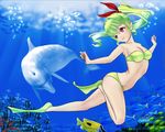  bandeau bikini breasts bubble character_request cleavage coral diving dolphin fish flippers freediving green_bikini green_hair hair_ribbon holding_breath looking_back ocean red_eyes ribbon richthofen4 skindentation smile swimming swimsuit underwater 