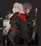  1boy 1girl armor art_program_in_frame back-to-back black_cape blonde_hair bow_(weapon) brown_gloves brown_hair cape chainmail classicaloid expressionless franz_liszt_(classicaloid) frederic_chopin_(classicaloid) gloves hair_between_eyes highres holding holding_bow_(weapon) holding_sword holding_weapon long_hair octahooves parted_lips short_hair sword very_long_hair weapon 