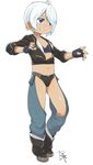  1girl angel_(kof) blue_eyes chaps female fingerless_gloves flat_chest gloves grin midriff navel satsuyo short_hair simple_background solo the_king_of_fighters white_background white_hair 