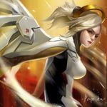  alternate_eye_color artist_name blonde_hair bodysuit breasts brown_eyes from_side high_ponytail large_breasts lips looking_at_viewer looking_to_the_side mechanical_halo mechanical_wings mercy_(overwatch) nose overwatch paprika_(amz123) ponytail signature solo upper_body wings yellow_wings 