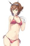  arms_behind_back bikini breasts brown_hair collarbone commentary_request eyebrows eyebrows_visible_through_hair gloves green_eyes hair_between_eyes headgear highres kantai_collection medium_breasts mutsu_(kantai_collection) navel red_bikini short_hair side-tie_bikini simple_background solo strap_gap swimsuit thigh_gap white_gloves yoxtut 