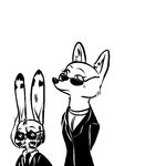  2016 anthro arctic_fox black_and_white canine cigarette disney duo eyewear female fox glasses jack_savage lagomorph male mammal monochrome necktie nervous rabbit replytoanons skye_(zootopia) smoking suit sweat sweatdrop zootopia 