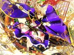  3d blonde_hair bracelet cape commentary dress earmuffs highres jewelry kurogoma_(meganegurasan) mikumikudance solo sword touhou toyosatomimi_no_miko weapon yellow_eyes 