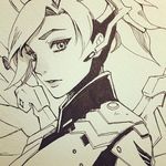  greyscale highres mechanical_halo mechanical_wings mercy_(overwatch) monochrome overwatch ponytail portrait sao_(saowee) solo traditional_media wings 