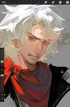  1boy art_program_in_frame bandana black_jacket blue_eyes classicaloid clenched_teeth cropped_torso grimace highres jacket looking_at_viewer ludwig_van_beethoven_(classicaloid) male_focus octahooves portrait red_bandana short_hair simple_background solo teeth white_hair 